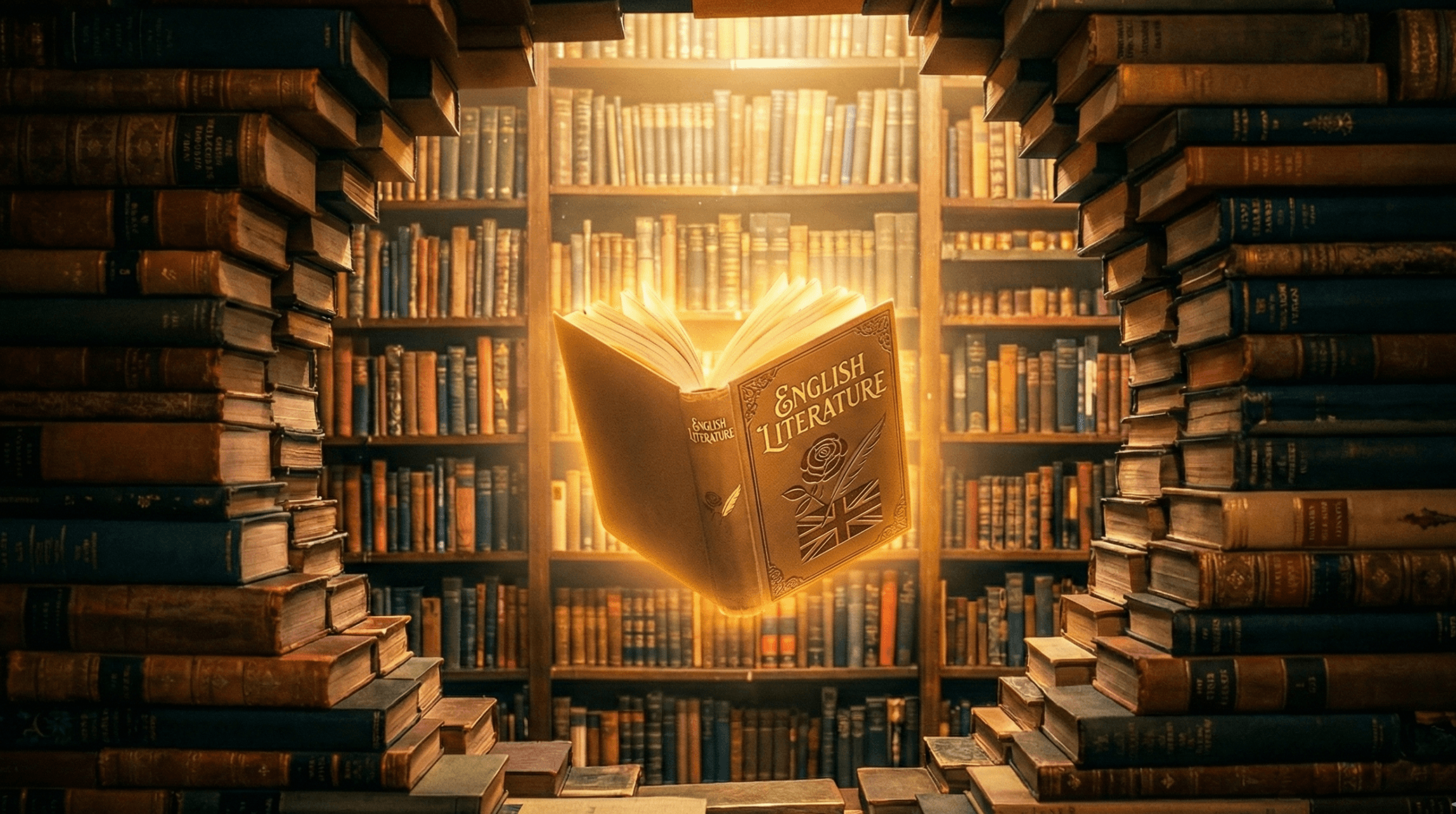 English Book floating in the middle of a library