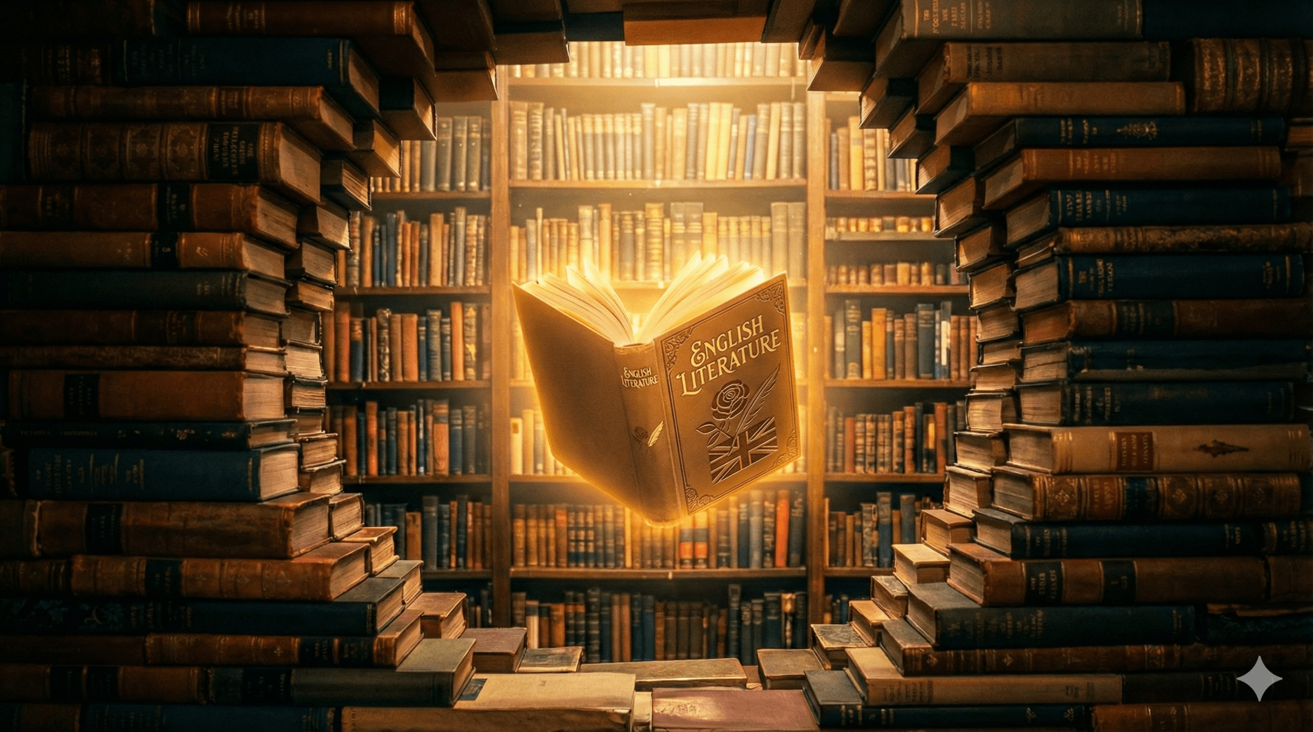 English Book floating in the middle of a library